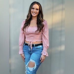 Over The Shoulder Top With Adjustable Drawstring In Center. Smocking Waist.